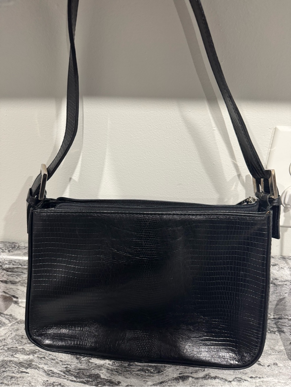 Black Croc-Embossed Shoulder Bag